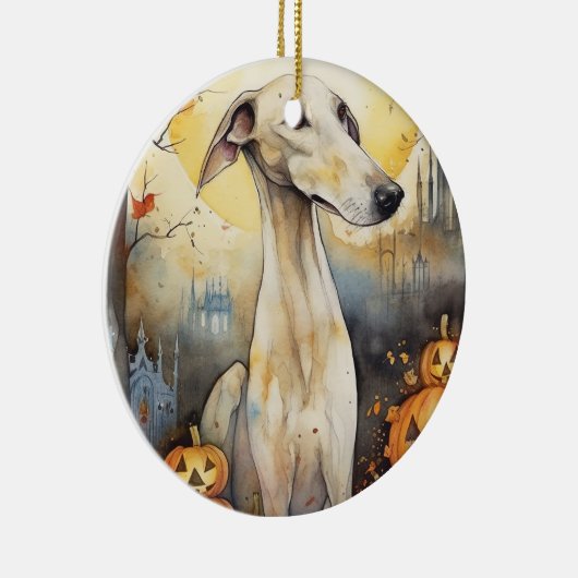 Halloween Greyhound met pompoenen eng Keramisch Ornament (Rechts)