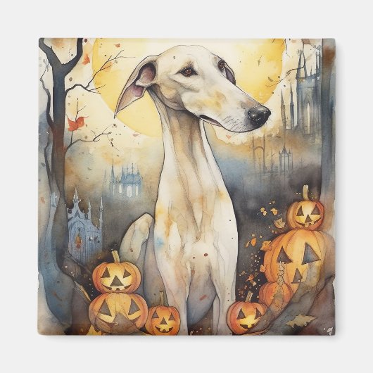 Halloween Greyhound met pompoenen eng Magneet (Voorkant)
