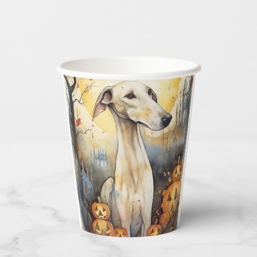 Halloween Greyhound met pompoenen eng Papieren Bekers (Achterkant)
