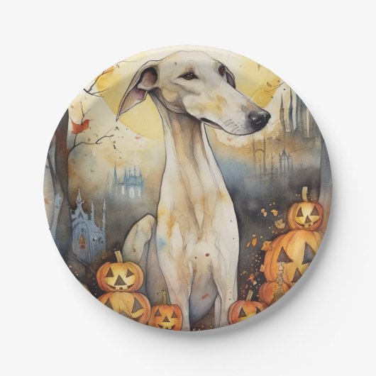 Halloween Greyhound met pompoenen eng Papieren Bordje (Voorkant)