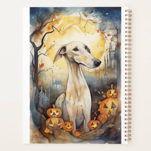 Halloween Greyhound met pompoenen eng Planner (Achterkant)