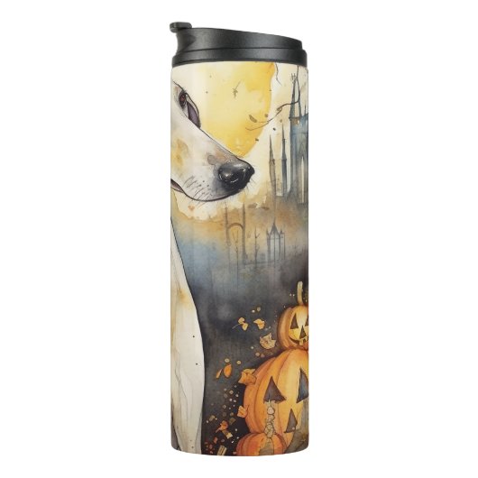 Halloween Greyhound met pompoenen eng Thermosbeker (Geroteerd rechts)
