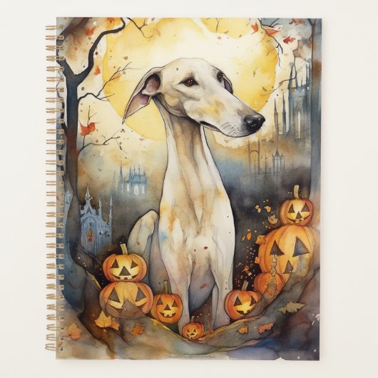 Halloween Greyhound met Pompoenen Griezelen Planner (Voorkant)