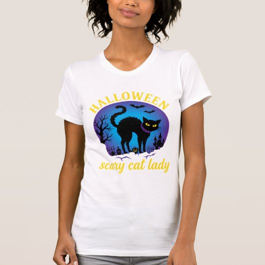 Halloween Griezeldame Zwart Kat T-shirt (Voorkant)