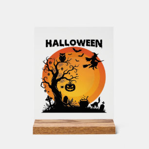 Halloween Griezelen Boom Vliegende Heks Oranje Maa Acryl Bord