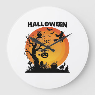 Halloween Griezelen Boom Vliegende Heks Oranje Maa Grote Klok