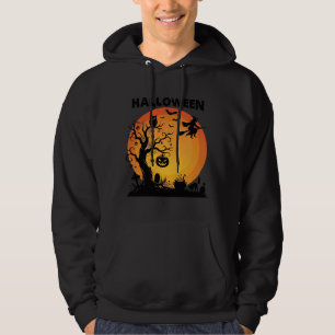 Halloween Griezelen Boom Vliegende Heks Oranje Maa Hoodie