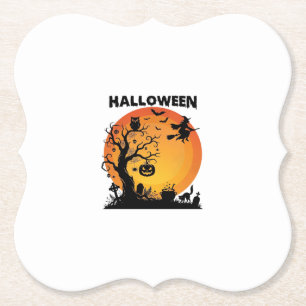 Halloween Griezelen Boom Vliegende Heks Oranje Maa Kartonnen Onderzetters