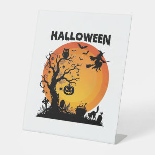 Halloween Griezelen Boom Vliegende Heks Oranje Maa Reclamebord Met Voetstuk