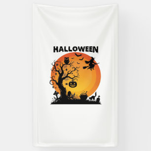 Halloween Griezelen Boom Vliegende Heks Oranje Maa Spandoek