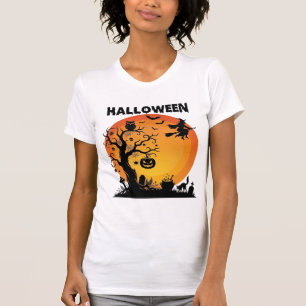 Halloween Griezelen Boom Vliegende Heks Oranje Maa T-shirt