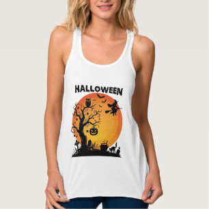 Halloween Griezelen Boom Vliegende Heks Oranje Maa Tanktop