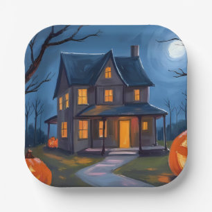 Halloween Griezelen Huis Jack-O-Lanterns Waterverf Papieren Bordje