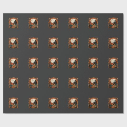Halloween Griezelig Kasteel Pompoen Maan Vector Ku Cadeaupapier (Vlak)