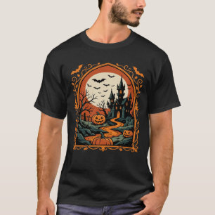 Halloween Griezelig Kasteel Pompoen Maan Vector Ku T-shirt