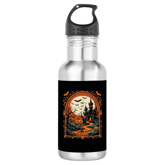 Halloween Griezelig Kasteel Pompoen Maan Vector Ku Waterfles (Voorkant)