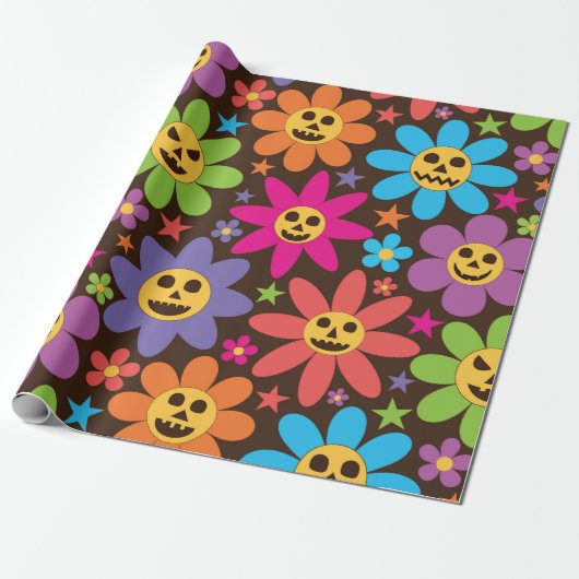 Halloween Griezelige Groovy Bloemen Cadeaupapier (Uitgerold)