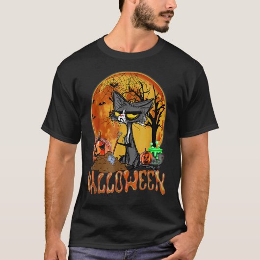 Halloween Griezelige Kat Rode Maan Spinnenweb T-shirt (Voorkant)