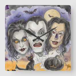 Halloween,Griezelige Lachende Maskers, Zwarte Kat  Vierkante Klok