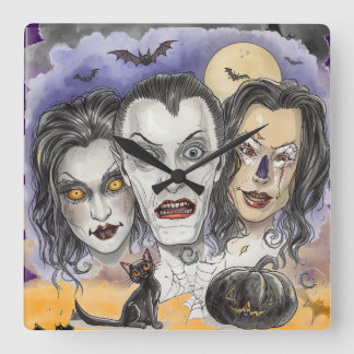 Halloween,Griezelige Lachende Maskers, Zwarte Kat Vierkante Klok