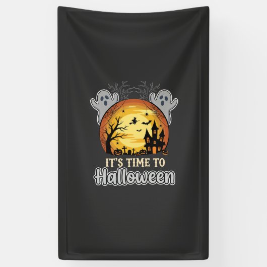 Halloween Griezelige Maan Spoken en Kerkhof Vector Spandoek (Verticaal)
