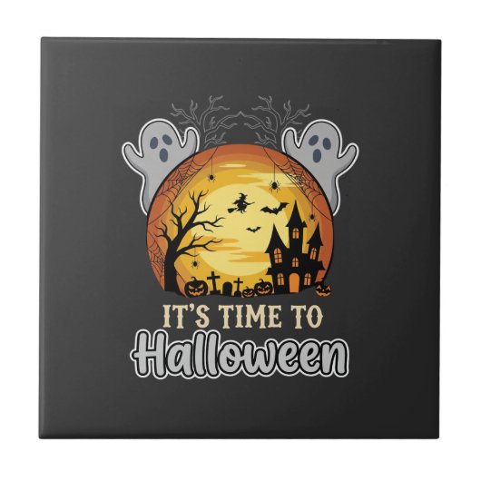 Halloween Griezelige Maan Spoken en Kerkhof Vector Tegeltje (Voorkant)