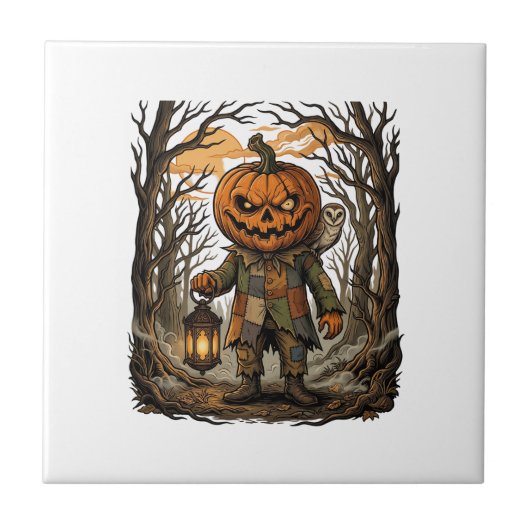 Halloween Griezelige Pompoen Vogelverschrikker Lan Tegeltje (Voorkant)