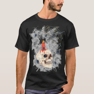 Halloween Griezelige Schedel, Kaars, Spinnen & Web T-shirt