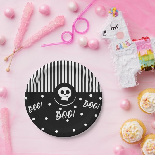 Halloween Grille Boo Schedel Zwart & Wit Feest Papieren Bordje (Feest)