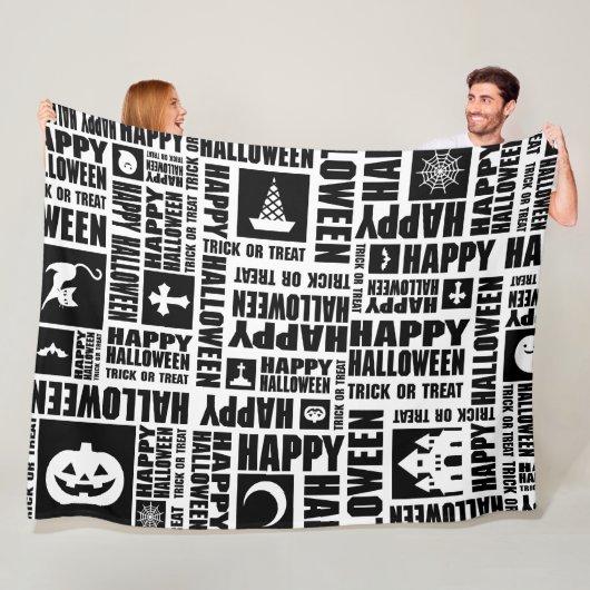 Halloween grillige Cool Typography Patroon Zwart Fleece Deken (In situ)
