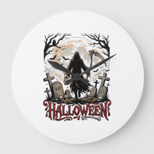 Halloween Grim Reaper Lantaarn Volle Maan Grafsten Grote Klok