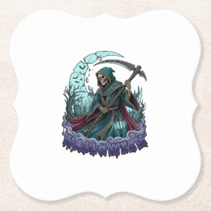 Halloween Grim Reaper Zeis Lantaarn Gebroken Maan_ Kartonnen Onderzetters