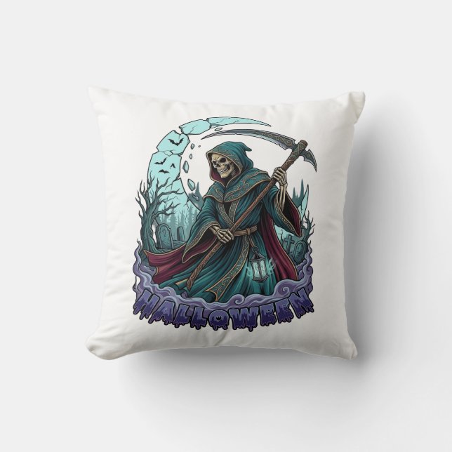 Halloween Grim Reaper Zeis Lantaarn Gebroken Maan_ Kussen (Voorkant)