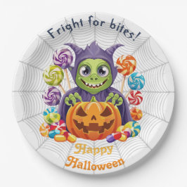 Halloween Grimlin Met Snoepgoed Of Zoete Verrassin Papieren Bordje