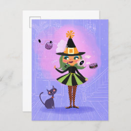 Halloween Groen Haar Heks Lavendel & Roze Briefkaart
