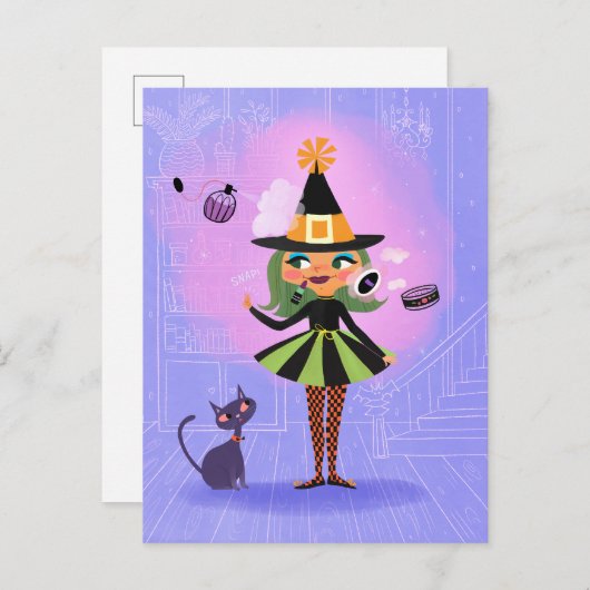 Halloween Groen Haar Heks Lavendel & Roze Briefkaart (Voorkant / Achterkant)