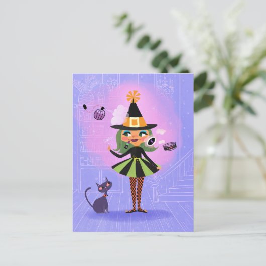 Halloween Groen Haar Heks Lavendel & Roze Briefkaart (Staand voorkant)
