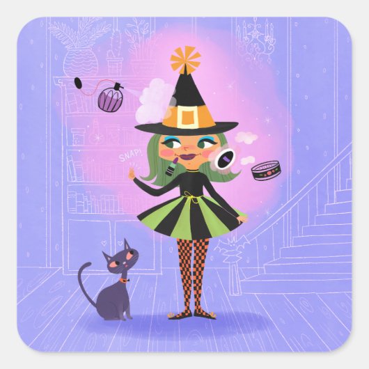 Halloween Groen Haar Heks Lavendel & Roze Vierkante Sticker (Voorkant)