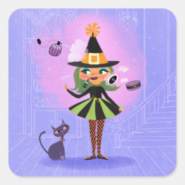 Halloween Groen Haar Heks Lavendel & Roze Vierkante Sticker