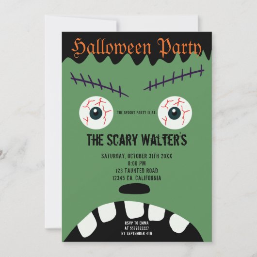 Halloween groen monster oogbal gezicht partij kaart (Voorkant)