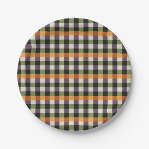 Halloween groen, paarse & zwarte gingham patroon papieren bordje
