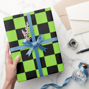 Halloween Groen Zwart Checker Verjaardag aangepast Cadeaupapier