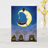 Halloween, groet, kaart, zwart, kat, heks, maan kaart (Gele Bloem)