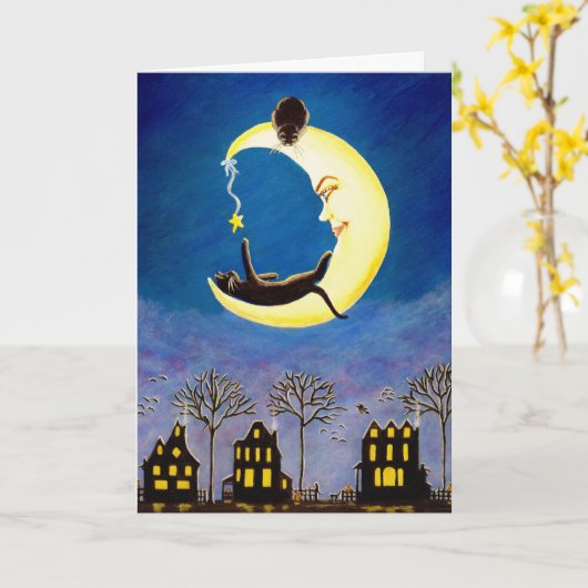 Halloween, groet, kaart, zwart, kat, heks, maan kaart (Gele Bloem)