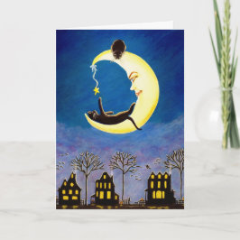 Halloween, groet, kaart, zwart, kat, heks, maan kaart