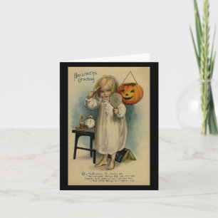 Halloween Groet Meisje Kamt Haar Vintage Kaart