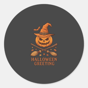 Halloween Groet Pompoen Heks Hoed Gekruiste Bezem Ronde Sticker
