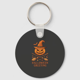 Halloween Groet Pompoen Heks Hoed Gekruiste Bezem Sleutelhanger