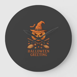 Halloween Groet Pompoen Heksenhoed Gekruiste Bezem Grote Klok