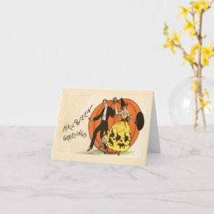 Halloween-groeten dansend paar pompoen vintage kaart